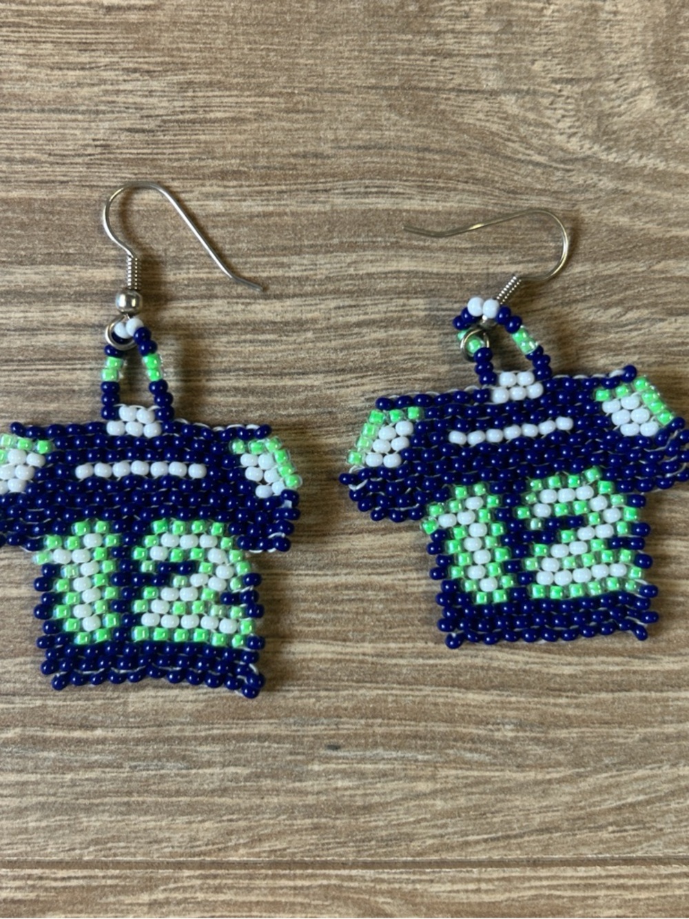 Handmade Blue, Green & White Beaded '12' Jersey Drop‎ Earrings